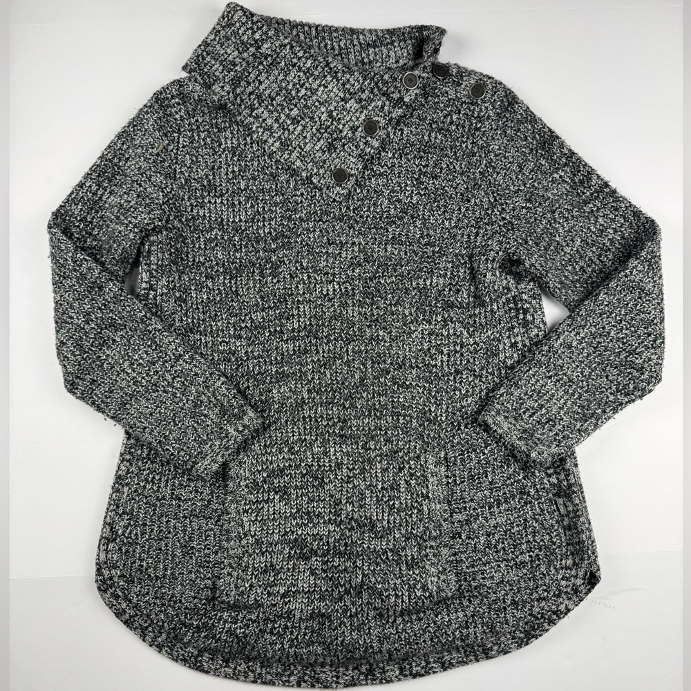 Style & Co. Charcoal sweater with envelope neck button trim and kangaroo pocket